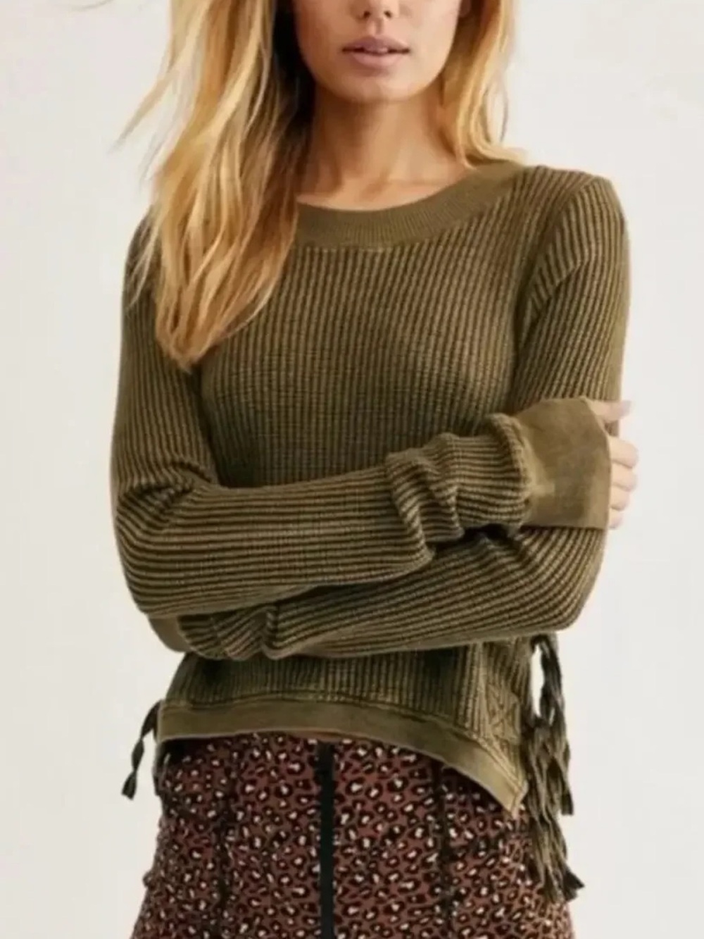 Free People One Interlaken Cropped Long Sleeve Side Tie Thermal Top Large Olive